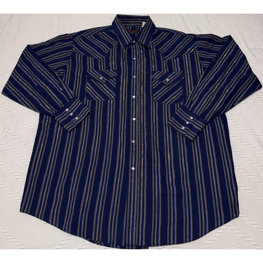 Plains Mens Size XL Blue Stripe Western Wear Pearl Snap Button Down Shirt Cowboy